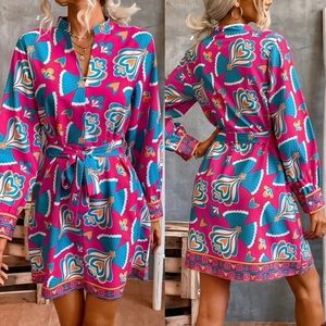 Women’s Allover Print Notch Neck Belted Dress